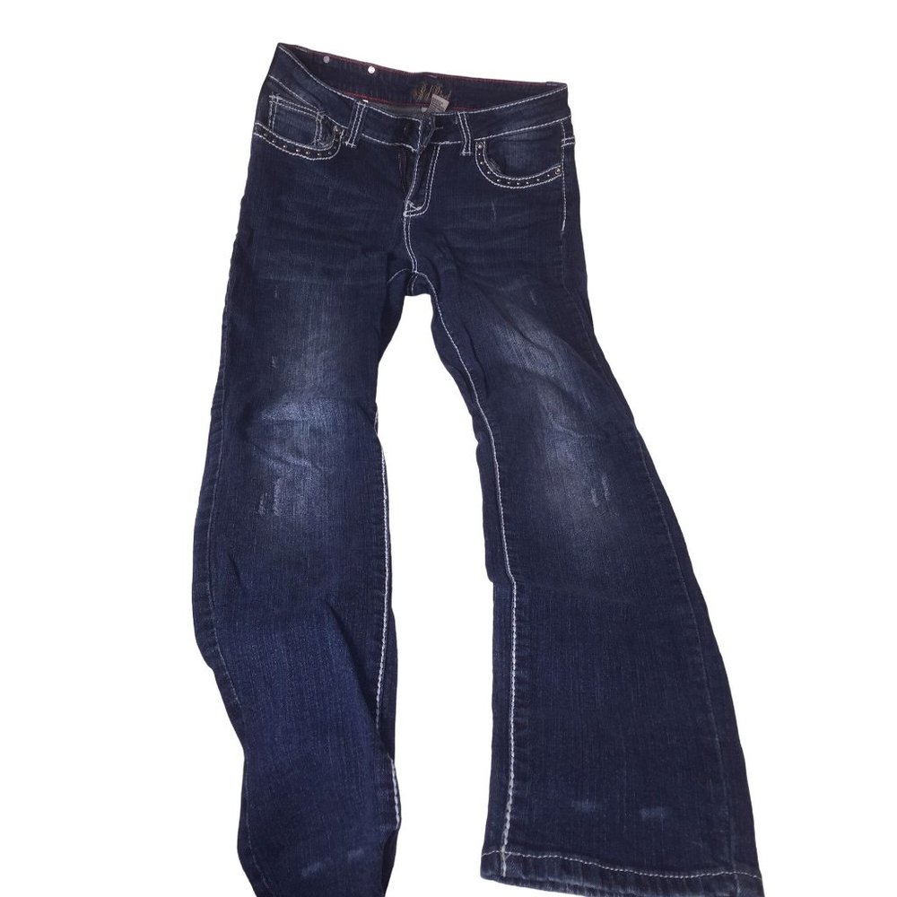 Vintage RED RIVET Dark Blue Wide Ankle Jeans with Contrasting white Threads - Si